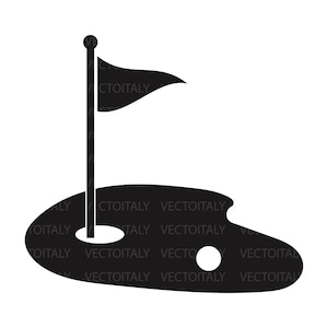 May include: A black and white graphic of a golf hole with a flag. The flag is triangular and attached to a pole. The hole is a circle, and the ground is an oval shape.