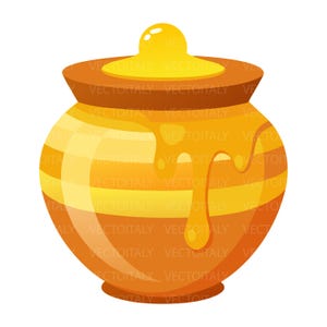 Può includere: Un vasetto di miele rotondo con coperchio, caratterizzato da strisce orizzontali in tonalità arancione e giallo. Miele dorato e denso cola lungo il lato del vasetto da sotto il coperchio. Il design è un'illustrazione stilizzata con finitura liscia.