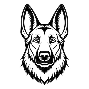 Può includere: Illustrazione in bianco e nero della testa di un pastore tedesco. L'immagine presenta una rappresentazione dettagliata del muso del cane, con le sue orecchie, il muso e il pelo del collo. È una grafica vettoriale.