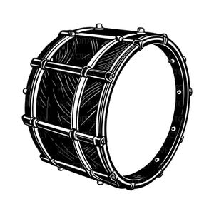 May include: Black and white illustration of a drum. The drum has a circular shape with a dark, textured surface and white accents. The drum is a musical instrument, commonly used in bands and orchestras.