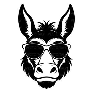 Peut inclure: Illustration en noir et blanc d'une tête d'âne portant des lunettes de soleil. L'âne a de grandes oreilles et un museau détaillé. Les lunettes de soleil ont une monture blanche et des verres foncés. Le texte "VECTOITALY VECTOR" est visible sur les lunettes.