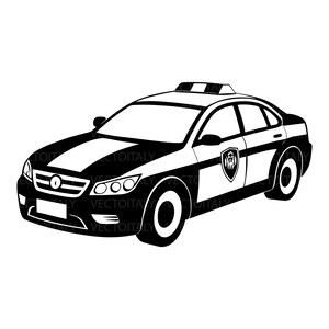 Può includere: Un'illustrazione vettoriale in bianco e nero di un'auto della polizia vista da un'angolazione frontale di tre quarti. Il veicolo presenta una barra luminosa sul tetto, un emblema a forma di scudo sulla portiera laterale e una griglia anteriore.