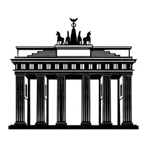 Può includere: Un'illustrazione grafica in bianco e nero della Porta di Brandeburgo, caratterizzata dalle sue iconiche colonne neoclassiche, una struttura a tetto piatto e la scultura della quadriga con un carro e quattro cavalli in cima.
