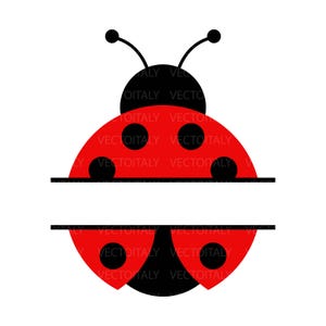 Puede incluir: Un diseño de mariquita roja y negra con una sección dividida para personalización. La mariquita tiene puntos negros y antenas. El texto "VECTOITALY" se repite alrededor del diseño.