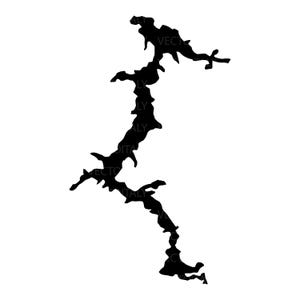 May include: A black silhouette of a lake or river system against a white background. The shape is irregular, with multiple inlets and peninsulas, suggesting a detailed geographical feature. The image has the text "VECTOR ITALY" in the image.