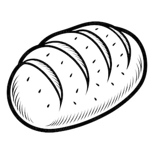 Op de afbeelding: Een zwart-wit lijntekening van een brood. De tekening toont een afgerond, ovaalvormig brood met drie duidelijke diagonale inkepingen over de bovenkant en kleine verspreide stippen die zaden of textuur op het oppervlak weergeven.