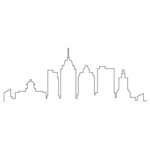 May include: A minimalist black and white line drawing of a city skyline. The image features various building silhouettes, including skyscrapers and structures with distinct architectural details, set against a plain white background.