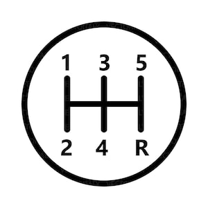 May include: Black and white graphic of a car's manual transmission gear shift pattern. The pattern is in a circular frame, with numbers 1, 2, 3, 4, 5, and R (reverse) indicating gear positions. The design is simple and clean.