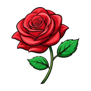 May include: A vibrant red rose illustration with green leaves and stem. The rose is fully bloomed, showcasing detailed petals. The artwork has a cartoon style with bold outlines, perfect for floral-themed designs.