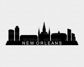 May include: Black and white silhouette of the New Orleans skyline, featuring the iconic St. Louis Cathedral and other buildings.