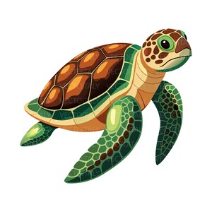 Può includere: Un'illustrazione digitale di una tartaruga marina con un guscio a motivi marroni e arancioni, una parte inferiore color crema chiaro e pinne verde scuro con un motivo a scaglie testurizzato. La tartaruga ha una testa maculata di marrone e occhi scuri.