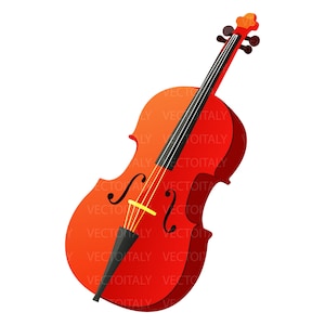 Può includere: Un'illustrazione di un violoncello rosso brillante con tastiera scura, quattro corde, un ponticello giallo e una cordiera nera. Lo strumento presenta una classica forma curva del corpo con due fori a effe e un riccio con quattro piroli.