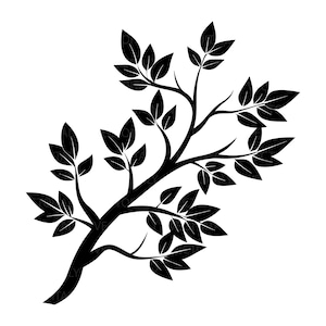 Puede incluir: Ilustración en blanco y negro de una rama de árbol con hojas. La rama se curva diagonalmente a través de la imagen, con múltiples ramas más pequeñas que se extienden desde ella. Las hojas son de color negro sólido y el fondo es blanco.