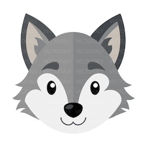 Puede incluir: Una ilustración vectorial plana de una cabeza de lobo con una paleta de colores gris y blanco. El diseño muestra una cara simétrica con orejas puntiagudas, cejas gris oscuro, ojos negros grandes, una nariz negra y una línea de boca curva.