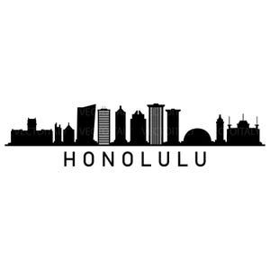 Può includere: Silhouette in bianco e nero dello skyline di Honolulu. L'immagine presenta vari edifici e strutture, con il nome della città, HONOLULU, stampato in grassetto, in un carattere sans-serif sotto lo skyline. Il design è semplice e grafico.