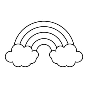 Può includere: Illustrazione in bianco e nero di un arcobaleno con due nuvole in basso. L'arcobaleno ha quattro bande curve. Le nuvole sono soffici e arrotondate.