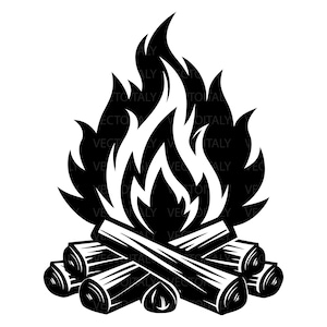 Könnte beinhalten: Eine schwarz-weiße grafische Illustration eines Lagerfeuers mit einem Stapel zylindrischer Holzscheite, die kreuzweise an der Basis angeordnet sind, gekrönt von stilisierten, spitzen Flammen, die in einem symmetrischen Design aufsteigen.