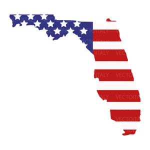 May include: A graphic of the state of Florida in the shape of the state, filled with the American flag design. The top left corner has a blue background with white stars, and the rest has red and white stripes.