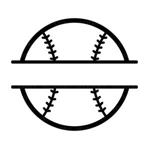 Può includere: Design di baseball in bianco e nero con un centro diviso per la personalizzazione. La grafica del baseball presenta linee curve e cuciture dettagliate, perfetta per lavori artigianali e design a tema sportivo.