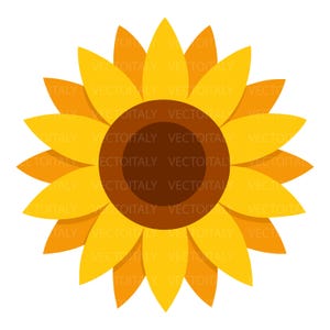 Può includere: Un'illustrazione stilizzata di un girasole caratterizzata da un grande centro circolare marrone scuro circondato da due strati di petali appuntiti. Lo strato interno è composto da petali giallo brillante, mentre quello esterno presenta petali arancioni.