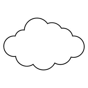 Può includere: Semplice illustrazione in bianco e nero di una nuvola. La nuvola è delineata in nero, con un riempimento bianco. La forma della nuvola è un design classico e soffice, ideale per vari progetti.