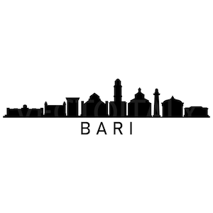 Può includere: Silhouette in bianco e nero dello skyline di Bari, Italia. Lo skyline presenta diversi edifici, tra cui una torre alta e una chiesa.