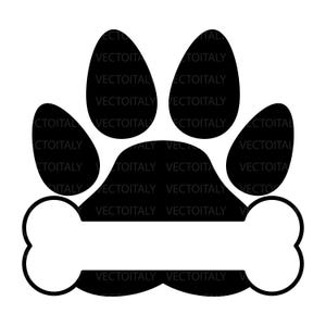 May include: A black and white graphic of a dog paw print and bone. The paw print has five oval pads. The bone has a rectangular space for text. The text "VECTOITALY" is repeated around the paw print and bone.