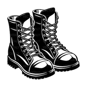 Pode incluir: Um par de botas de trabalho de couro preto com cadarços. As botas têm uma ponta arredondada e uma sola grossa.