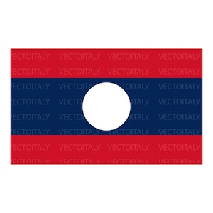 Puede incluir: La bandera de Laos, un diseño rectangular con tres franjas horizontales rojas y azules, y un círculo blanco en el centro. El texto "VECTOITALY" se repite en las franjas rojas superior e inferior y en la sección azul.