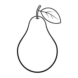Op de afbeelding: Een zwart-witte lijntekening van een peer. De peer heeft een druppelvorm, een steeltje en een enkel blad. De afbeelding is eenvoudig en schoon, geschikt om in te kleuren of voor ontwerpprojecten.