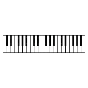 Pode incluir: Ilustração a preto e branco de um teclado de piano. As teclas são retangulares, com teclas brancas e pretas alternadas. A imagem é uma representação gráfica simples de um instrumento musical.