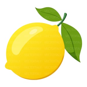 Puede incluir: Ilustración de un limón amarillo brillante con una superficie brillante, unido a un tallo verde y dos hojas verdes. Ideal para diseños relacionados con la comida o temas de verano.