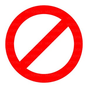 Könnte beinhalten: Ein roter Kreis mit einem diagonalen roten Balken, ein universelles Symbol für ein Verbot. Das Wort "VECTOITALY" wiederholt sich um den Kreis.