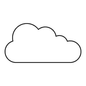 Op de afbeelding: Een eenvoudige zwart-witte omtrek van een wolk. De wolk heeft een klassieke, pluizige vorm, met een afgeronde bovenkant en een platte onderkant. De afbeelding is een strak, minimalistisch ontwerp.