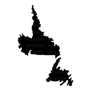 May include: A black silhouette of the Canadian province of Newfoundland and Labrador, with the island of Newfoundland and the Labrador mainland clearly defined against a white background. The image has the text "VECTOITALY" repeated across the image.
