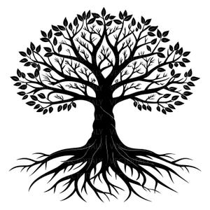 May include: A black and white illustration of a tree with a detailed silhouette. The tree features a thick trunk, extensive branches with leaves, and a complex root system. The design is suitable for various applications, including art prints and graphic designs.