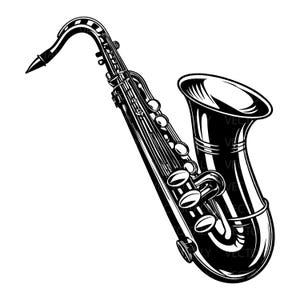 Könnte beinhalten: Schwarz-Weiß-Illustration eines Saxophons. Das Musikinstrument wird mit gebogenem Hals, Klappen und Schallbecher dargestellt. Der Hintergrund ist weiß, wodurch die Form und die Details des Saxophons hervorgehoben werden.