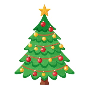 Può includere: Illustrazione di un albero di Natale verde decorato con ornamenti rossi e gialli, una stella dorata in cima e un tronco marrone. L'albero è decorato con ornamenti rossi e gialli e una stella dorata.