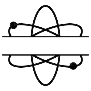 May include: Black and white graphic design featuring a symmetrical atom-like shape with curved lines and a central horizontal bar. The design includes two rounded shapes on either side of the central structure.