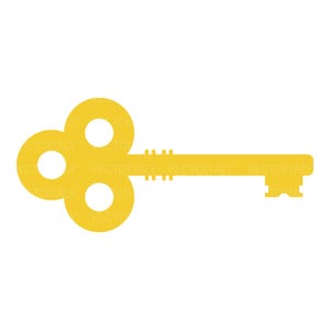 Può includere: Illustrazione di una chiave giallo dorato su sfondo bianco. La chiave ha un arco decorativo con tre ritagli circolari e un lungo fusto dritto che termina con un gambo dentellato. Il design è semplice e grafico.