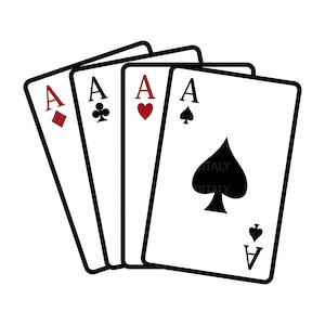May include: Four playing cards displaying the Ace of Diamonds, Clubs, Hearts, and Spades. Each card has a white background with a black border and the letter "A" in the upper left and lower right corners. The suits are red and black.