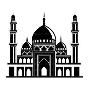 May include: A black and white vector illustration of a mosque with a central dome, multiple smaller domes, and two tall minarets. The mosque features arched doorways and windows, with a detailed architectural design. The image is a clean, symmetrical representation of Islamic architecture.