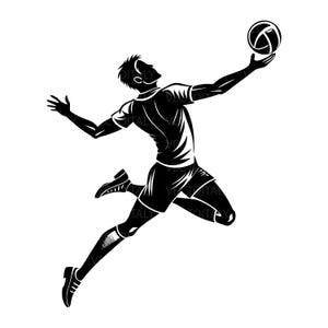 Può includere: Illustrazione in bianco e nero di un giocatore di pallavolo in azione, che salta per colpire la palla. Il giocatore indossa abbigliamento sportivo. La palla è bianca e nera.