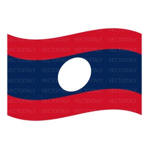 Puede incluir: Ilustración estilizada de la bandera de Laos. La bandera presenta tres franjas horizontales: roja en la parte superior e inferior, y una franja azul oscuro en el medio. Un círculo blanco está centrado en la franja azul. El texto "VECTOITALY" se repite en la bandera.