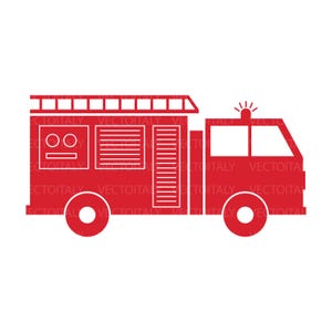 May include: A red fire truck illustration with a ladder on top, two wheels, and a siren. The truck has windows and doors. The image is a vector graphic.