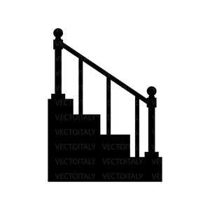 May include: Black silhouette of a staircase with a railing and two rounded finials at the top of each post.