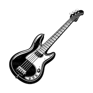 Può includere: Illustrazione in bianco e nero di un basso. Lo strumento presenta un corpo nero con un battipenna bianco e quattro corde. La paletta ha tre meccaniche. Il design è una grafica vettoriale.