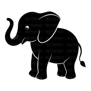 May include: A black and white illustration of an elephant. The elephant is shown in profile, with its trunk curled. The image has a simple, cartoon style, suitable for children's products or educational materials. The word "VECTOITALY" is repeated.