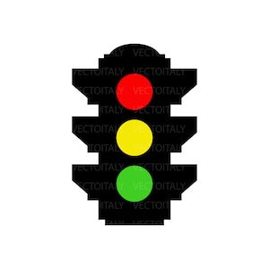 May include: A traffic light with a red light on top, a yellow light in the middle, and a green light on the bottom.