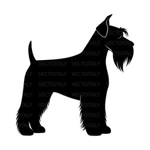 Op de afbeelding: Een effen zwart silhouet van een Schnauzer hond die in profiel staat, met de kenmerkende rechtopstaande oren van het ras, een lange puntige staart en een opvallend ruige baard en beenbeharing, bedekt met herhalende VECTOITALY-tekst.
